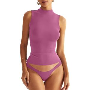 Women Sleeveless Mock Turtle Neck Tops Double Lined Fitted Tank Tops Basic T Shirts 2025(Peach Pink)