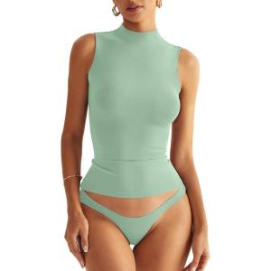 Women Sleeveless Mock Turtle Neck Tops Double Lined Fitted Tank Tops Basic T Shirts 2025(Smoke Green)