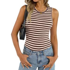 Womens Cotton High Neck Tank Tops Fitted Basic Sleeveless Shirts Summer Casual Outfits 2025(Brown Striped)