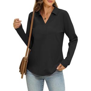 Womens Cotton Long Sleeve Polo Shirts Business Casual V Neck Collared Tops Loose Fit Work Blouses Fall Outfits 2025(Black)