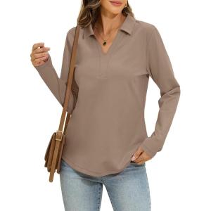 Womens Cotton Long Sleeve Polo Shirts Business Casual V Neck Collared Tops Loose Fit Work Blouses Fall Outfits 2025(Khaki)