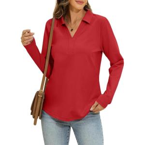 Womens Cotton Long Sleeve Polo Shirts Business Casual V Neck Collared Tops Loose Fit Work Blouses Fall Outfits 2025(Red)