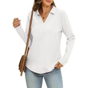 Womens Cotton Long Sleeve Polo Shirts Business Casual V Neck Collared Tops Loose Fit Work Blouses Fall Outfits 2025(White)