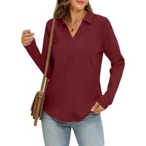Womens Cotton Long Sleeve Polo Shirts Business Casual V Neck Collared Tops Loose Fit Work Blouses Fall Outfits 2025(Wine Red)