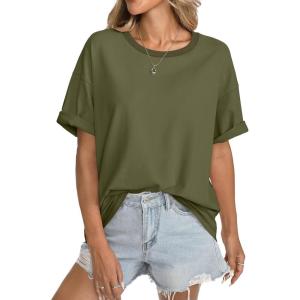 Womens Cotton Oversized T Shirts Short Sleeve Tops Ribbed Crewneck Loose Fit Tee Summer Fashion Clothes 2026(Army Green)
