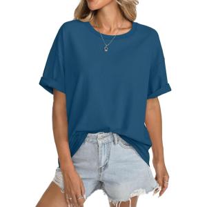 Womens Cotton Oversized T Shirts Short Sleeve Tops Ribbed Crewneck Loose Fit Tee Summer Fashion Clothes 2026(Blue)