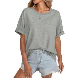 Womens Cotton Oversized T Shirts Short Sleeve Tops Ribbed Crewneck Loose Fit Tee Summer Fashion Clothes 2026(Grey)