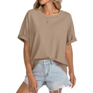 Womens Cotton Oversized T Shirts Short Sleeve Tops Ribbed Crewneck Loose Fit Tee Summer Fashion Clothes 2026(Khaki)