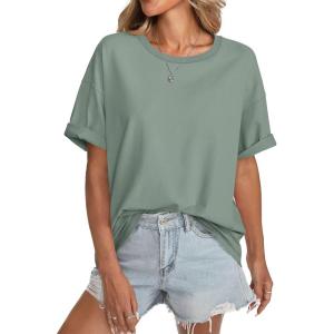 Womens Cotton Oversized T Shirts Short Sleeve Tops Ribbed Crewneck Loose Fit Tee Summer Fashion Clothes 2026(Light Green)