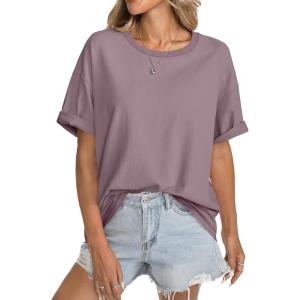 Womens Cotton Oversized T Shirts Short Sleeve Tops Ribbed Crewneck Loose Fit Tee Summer Fashion Clothes 2026(Purple)