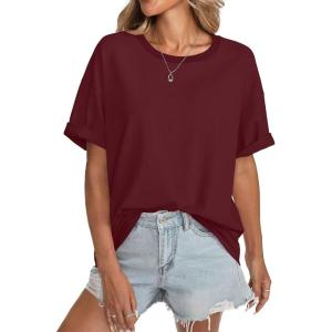 Womens Cotton Oversized T Shirts Short Sleeve Tops Ribbed Crewneck Loose Fit Tee Summer Fashion Clothes 2026(Wine Red)