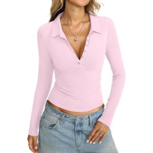 Womens Cotton Polo Collared Shirt Long Sleeve Sexy Deep V Neck Top Button Up Slim Fitted Tee Business Casual Outfit(Baby Pink)