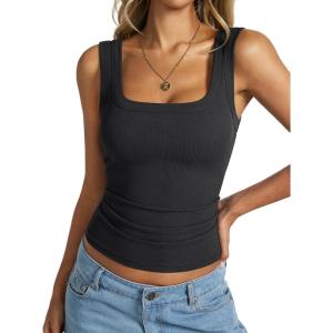 Womens Cotton Ribbed Square Neck Tank Tops Basic Backless Sleeveless Summer Cami Shirts 2025(Black)