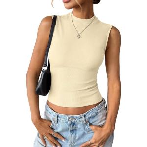 Womens Cotton Ribbed Tank Tops Sleeveless Mock High Neck Top Fitted Basic Summer Cami Shirts Y2K Outfits 2025(Beige)