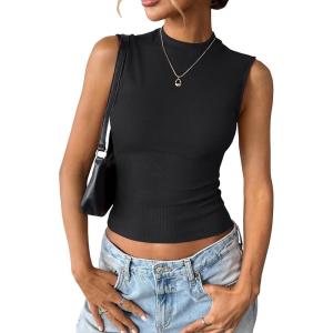 Womens Cotton Ribbed Tank Tops Sleeveless Mock High Neck Top Fitted Basic Summer Cami Shirts Y2K Outfits 2025(Black)