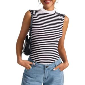 Womens Cotton Ribbed Tank Tops Sleeveless Mock High Neck Top Fitted Basic Summer Cami Shirts Y2K Outfits 2025(Black Stripe)