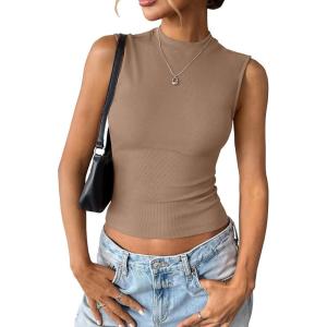 Womens Cotton Ribbed Tank Tops Sleeveless Mock High Neck Top Fitted Basic Summer Cami Shirts Y2K Outfits 2025(Brown)