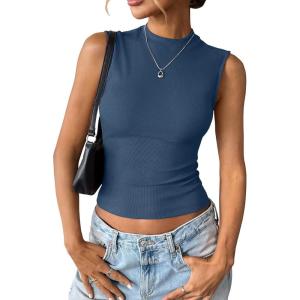 Womens Cotton Ribbed Tank Tops Sleeveless Mock High Neck Top Fitted Basic Summer Cami Shirts Y2K Outfits 2025(Dark Blue)