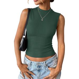 Womens Cotton Ribbed Tank Tops Sleeveless Mock High Neck Top Fitted Basic Summer Cami Shirts Y2K Outfits 2025(Forest Green)