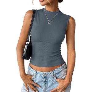 Womens Cotton Ribbed Tank Tops Sleeveless Mock High Neck Top Fitted Basic Summer Cami Shirts Y2K Outfits 2025(Gray Blue)