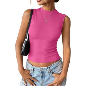 Womens Cotton Ribbed Tank Tops Sleeveless Mock High Neck Top Fitted Basic Summer Cami Shirts Y2K Outfits 2025(Hot Pink)