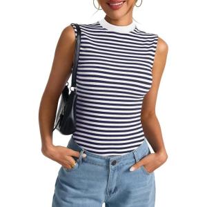 Womens Cotton Ribbed Tank Tops Sleeveless Mock High Neck Top Fitted Basic Summer Cami Shirts Y2K Outfits 2025(Navy Blue Stripe)