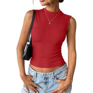 Womens Cotton Ribbed Tank Tops Sleeveless Mock High Neck Top Fitted Basic Summer Cami Shirts Y2K Outfits 2025(Red)