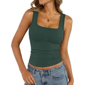 Womens Cotton Square Neck Ribbed Tank Tops Fitted Thin Shoulder Strap Sleeveless Basic Summer Cami Clothes 2025(Green)