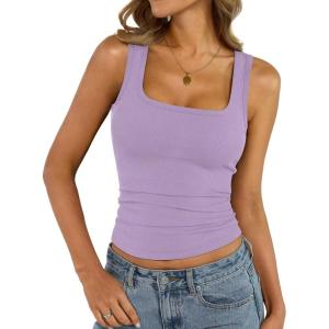 Womens Cotton Square Neck Ribbed Tank Tops Fitted Thin Shoulder Strap Sleeveless Basic Summer Cami Clothes 2025(Violet)