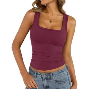 Womens Cotton Square Neck Ribbed Tank Tops Fitted Thin Shoulder Strap Sleeveless Basic Summer Cami Clothes 2025(Wine Red)