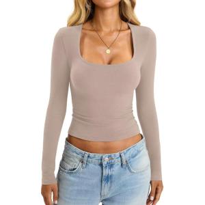 Womens Cotton Tops Long Sleeve T Shirts Square Neck Y2k Tops Slim Fit Going Out Fall Fashion Clothes 2025(Apricot)