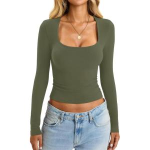 Womens Cotton Tops Long Sleeve T Shirts Square Neck Y2k Tops Slim Fit Going Out Fall Fashion Clothes 2025(Army Green)