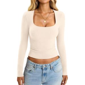 Womens Cotton Tops Long Sleeve T Shirts Square Neck Y2k Tops Slim Fit Going Out Fall Fashion Clothes 2025(Cream White)