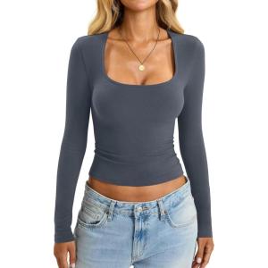 Womens Cotton Tops Long Sleeve T Shirts Square Neck Y2k Tops Slim Fit Going Out Fall Fashion Clothes 2025(Dark Grey)