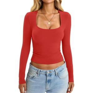 Womens Cotton Tops Long Sleeve T Shirts Square Neck Y2k Tops Slim Fit Going Out Fall Fashion Clothes 2025(Red)