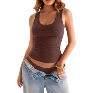 Womens Double Lined Scoop Neck Tank Tops Basic Slim Fit Sleeveless Shirts Y2K Summer Going Out Outfits(Brown)