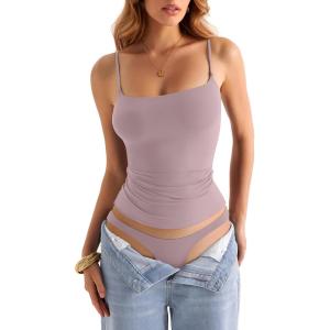 Womens Double Lined Square Neck Tank Tops Adjustable Spaghetti Strap Camisole Y2K Going Out Cami Shirt(Dusty Pink)