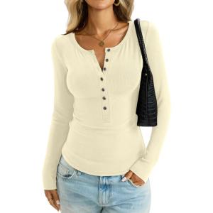 Womens Henley Long Sleeve Shirt Cotton Ribbed Crewneck Tops Sexy Button Down Tee Layering Basic Fitted T Shirts 2026(Beige)