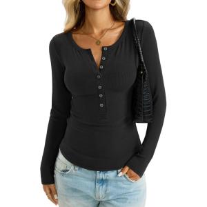 Womens Henley Long Sleeve Shirt Cotton Ribbed Crewneck Tops Sexy Button Down Tee Layering Basic Fitted T Shirts 2026(Black)