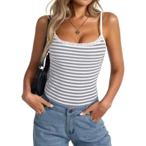 Womens Lace Camisole Tops Square Neck Ribbed Tank Tops Adjustable Spaghetti Straps Sleeveless Summer Shirt 2025(Gray Stripe)