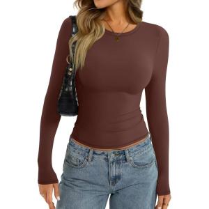 Womens Long Sleeve Shirts Lightweight Stretchy Going Out Tops Crew Neck Basic Tee Slim Fit Fall Y2K Outfit 2026(Brown)