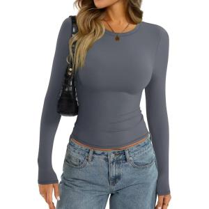 Womens Long Sleeve Shirts Lightweight Stretchy Going Out Tops Crew Neck Basic Tee Slim Fit Fall Y2K Outfit 2026(Gray)