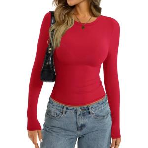 Womens Long Sleeve Shirts Lightweight Stretchy Going Out Tops Crew Neck Basic Tee Slim Fit Fall Y2K Outfit 2026(Red)