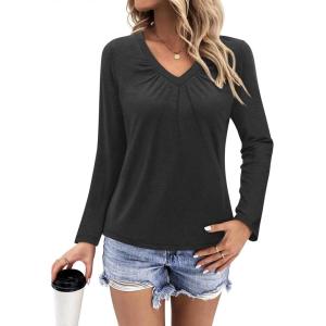 Womens Long Sleeve T Shirts V Neck Ruched Tops Loose Fit Pleated Tee Dressy Casual Tunic Blouses Fall Clothes(Black)