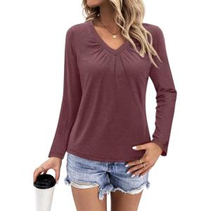 Womens Long Sleeve T Shirts V Neck Ruched Tops Loose Fit Pleated Tee Dressy Casual Tunic Blouses Fall Clothes(Burgundy)