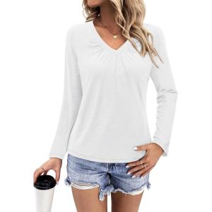 Womens Long Sleeve T Shirts V Neck Ruched Tops Loose Fit Pleated Tee Dressy Casual Tunic Blouses Fall Clothes(White)