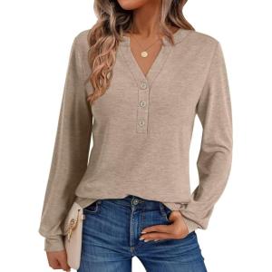 Womens V Neck Long Sleeve Shirts Henley Dressy Casual Tops Loose Fit Trendy Tees Fall T Shirts Outfits 2025(Khaki)