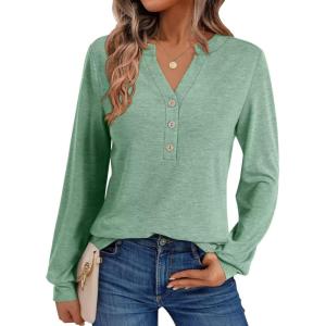 Womens V Neck Long Sleeve Shirts Henley Dressy Casual Tops Loose Fit Trendy Tees Fall T Shirts Outfits 2025(Light Green)