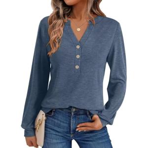 Womens V Neck Long Sleeve Shirts Henley Dressy Casual Tops Loose Fit Trendy Tees Fall T Shirts Outfits 2025(Navy Blue)