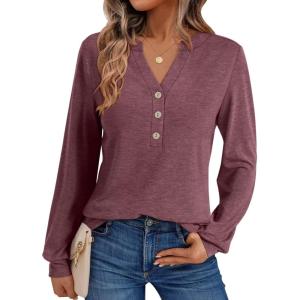 Womens V Neck Long Sleeve Shirts Henley Dressy Casual Tops Loose Fit Trendy Tees Fall T Shirts Outfits 2025(Red Brown)